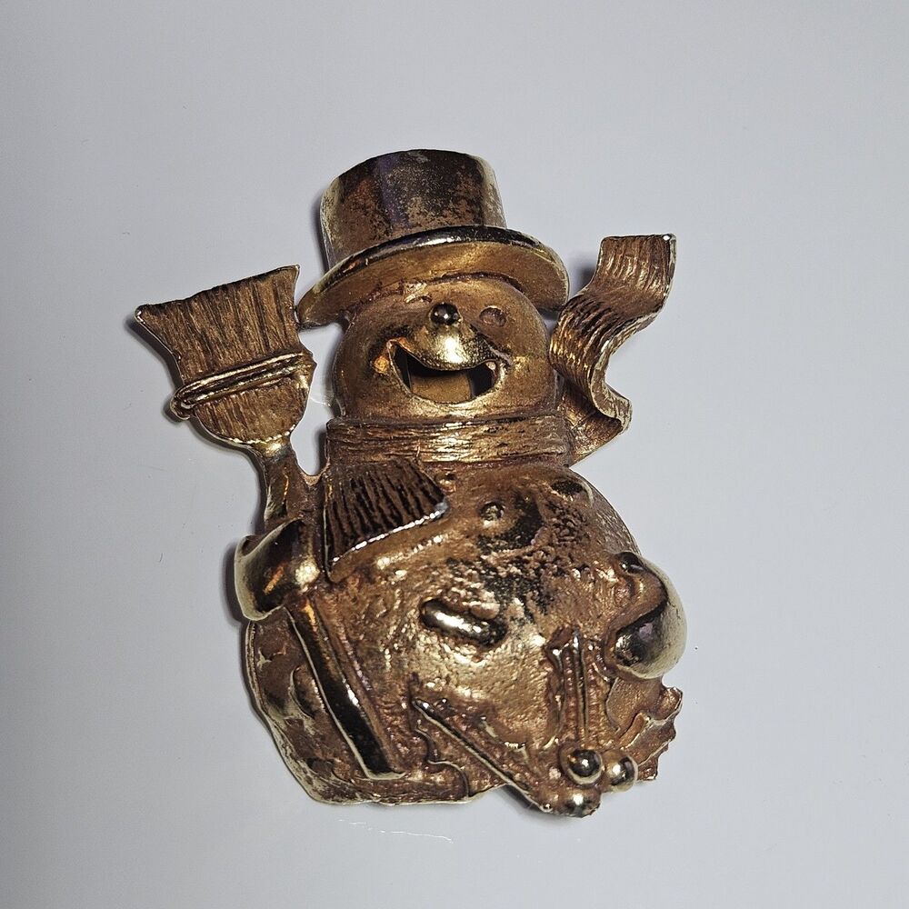 VTG 2” Raffine Laughing Smiling Snowman W/ Broom Brooch Pin Gold Tone